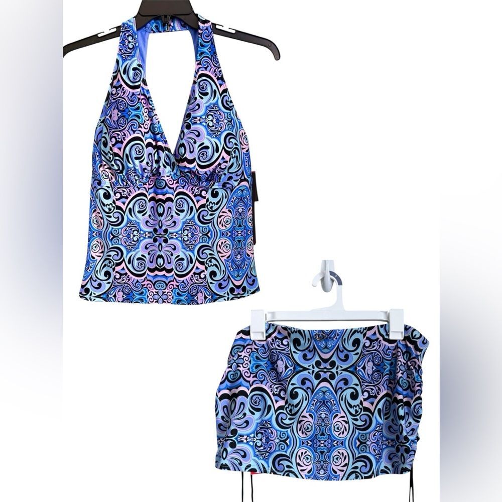 Jantzen Blue and Purple Paisley Tankini with Halter Neck and Skirt Plus Size 16